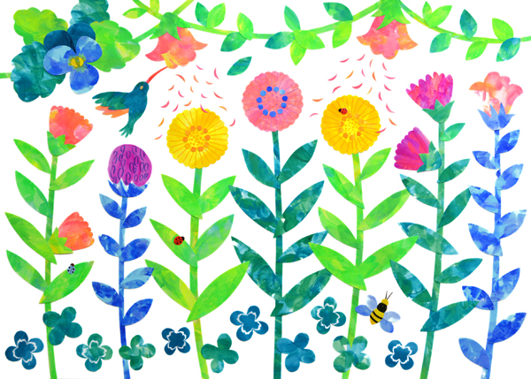 花とハチドリのアクリルガッシュのイラスト・Yurinoko